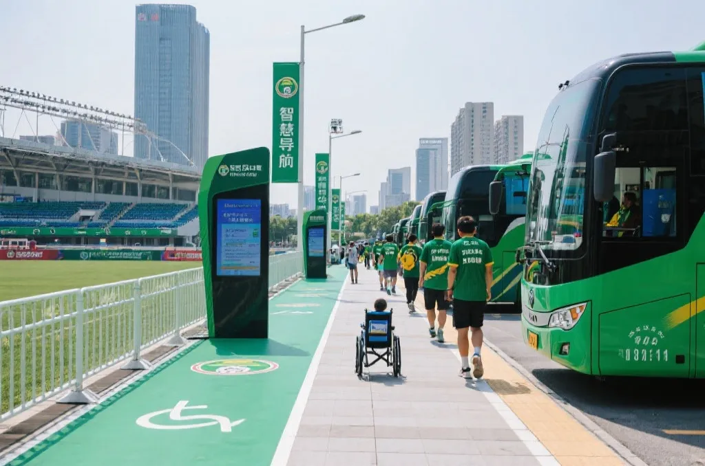 无障碍观赛通道、智慧导视与绿色接驳并行的球迷入场场景